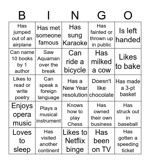 Ice Breaker BINGO Card