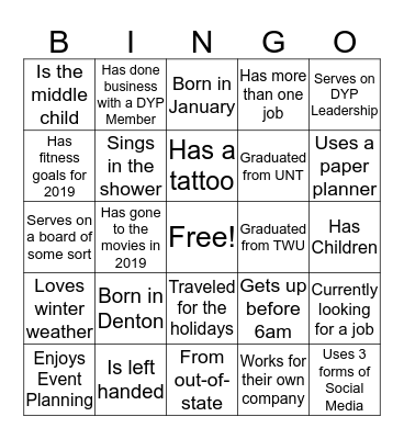 DYP 2019 Mixer  Bingo Card