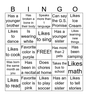 Brownie Troop 119 Bingo Card