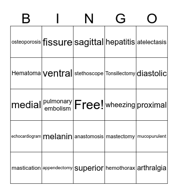 Medical Terminology Bingo Card