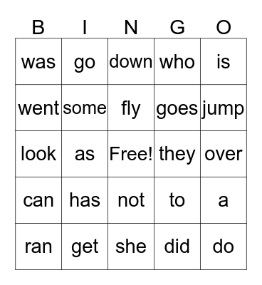 Kindergarten Sight Words Bingo Card