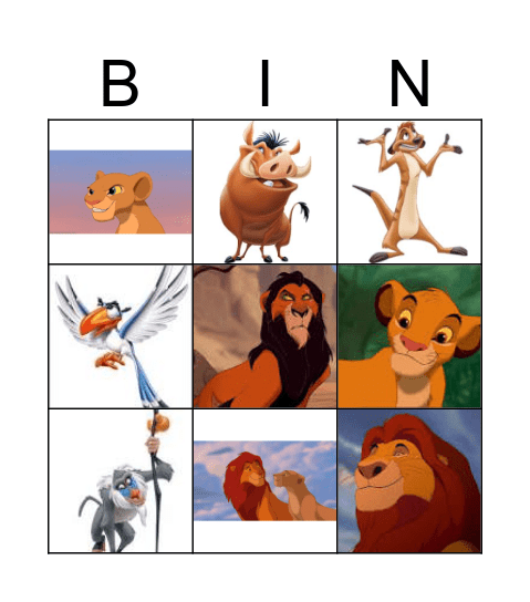 Lion King Characters Bingo Card
