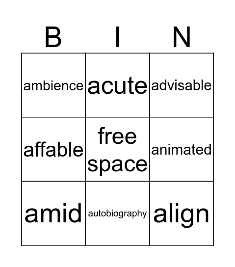 Word of the Week Bingo Card
