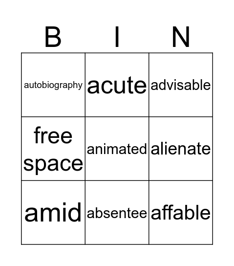 Word of the Week Bingo Card