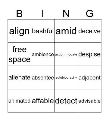 Word of the Week Bingo Card