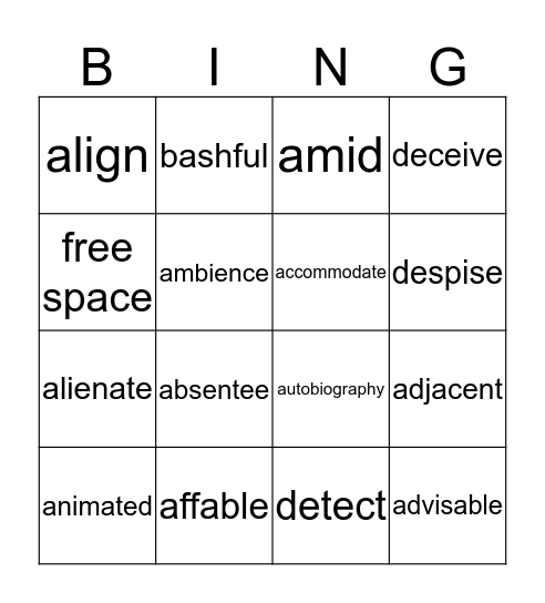 Word of the Week Bingo Card