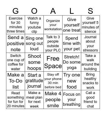 Overall Health Challenge Bingo Card