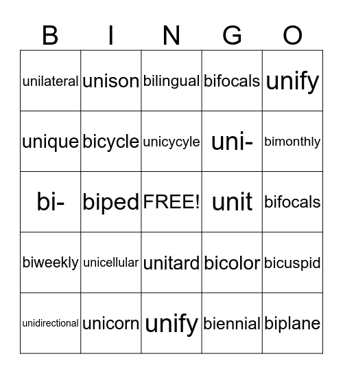 Prefixes Uni- and Bi- Bingo Card