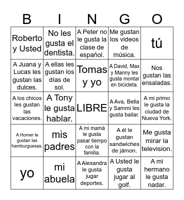 Gustar  Bingo Card
