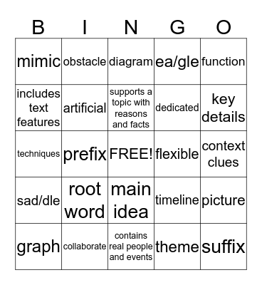 Unit 3, Week 4 Reading Review Bingo Card