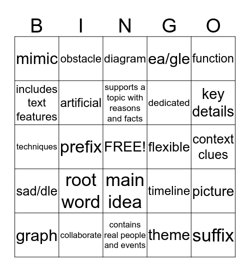 Unit 3, Week 4 Reading Review Bingo Card