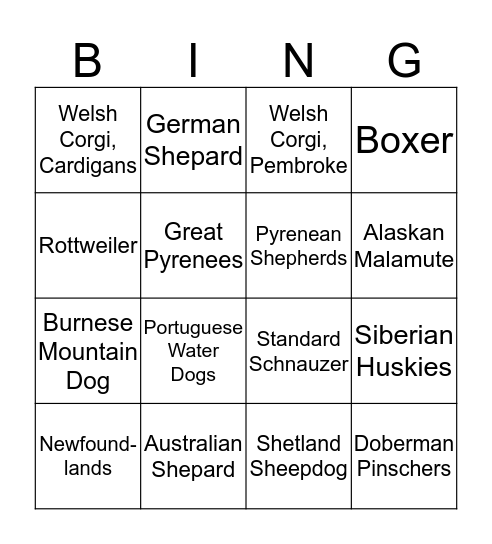 Herding & Working Breeds Bingo Card