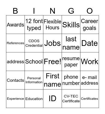 Resume Writing Bingo Card