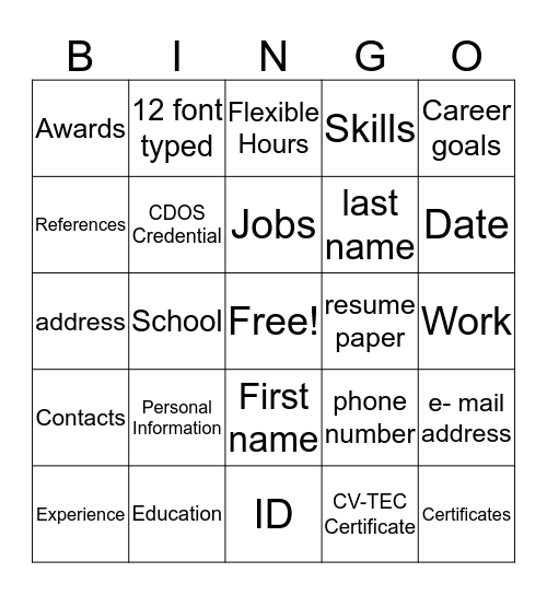 Resume Writing Bingo Card
