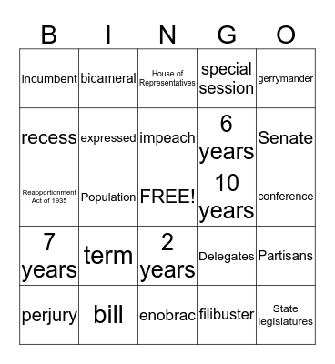 Unit 3- The Legislative Branch Bingo Card