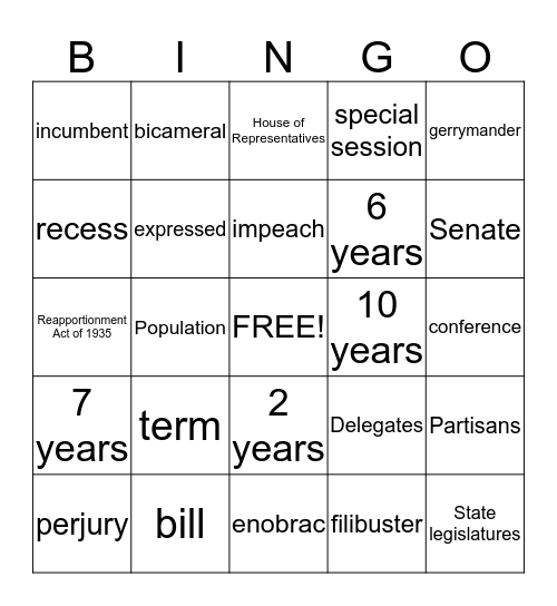 Unit 3- The Legislative Branch Bingo Card