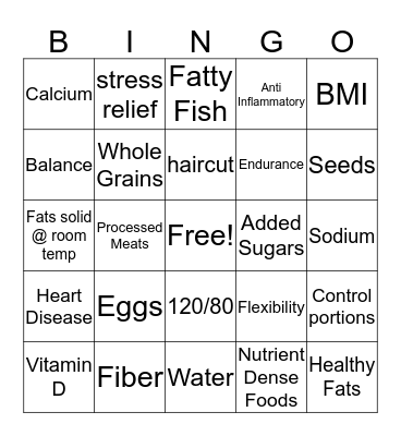 Healthy Living Bingo Card