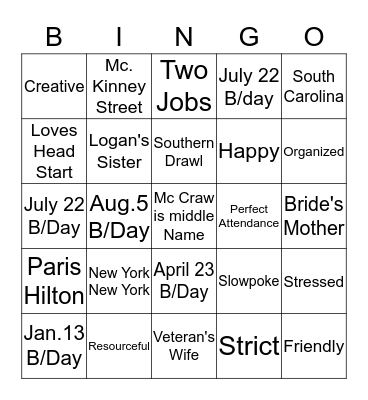 Head Start Staff Bingo Card