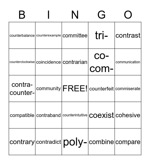 Prefixes co-, com-, contra- counter- Bingo Card