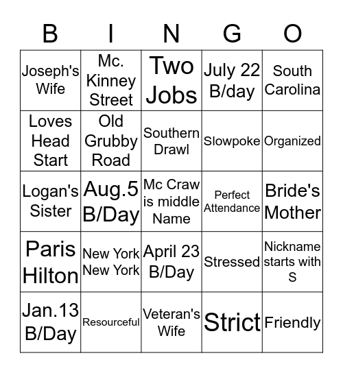 Head Start Staff Bingo Card