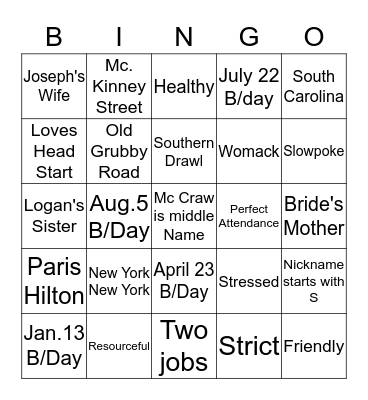 Head Start Staff Bingo Card