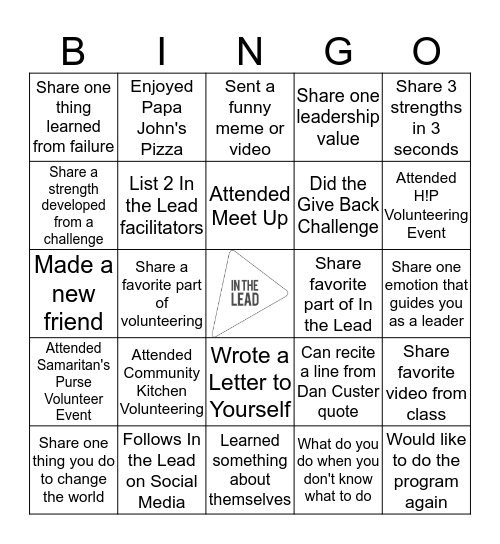 In the Lead Wrap Up  Bingo Card