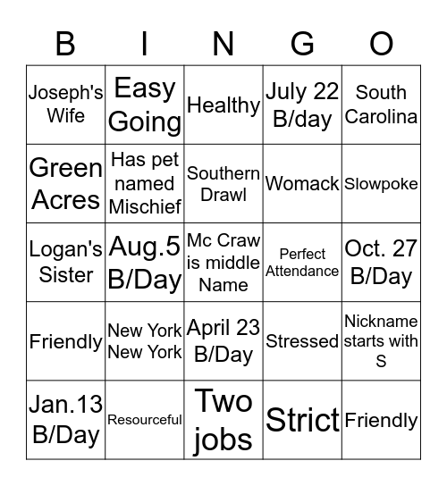 Head Start Staff Bingo Card