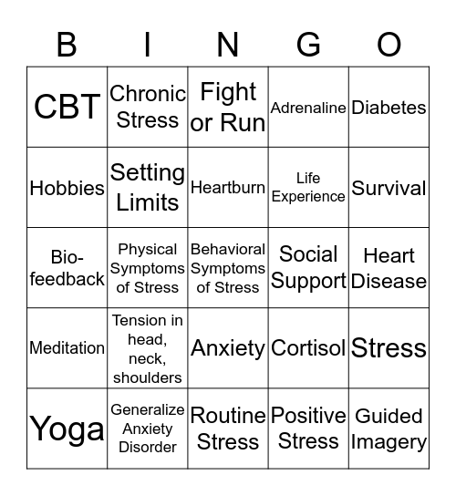 Stress Management Bingo Card