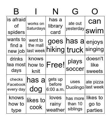 Getting to Know You Bingo Card