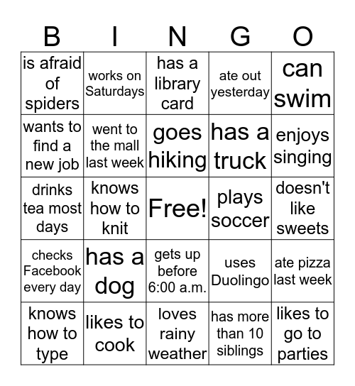 Getting to Know You Bingo Card