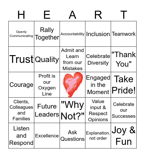 HEART Principals Bingo Card