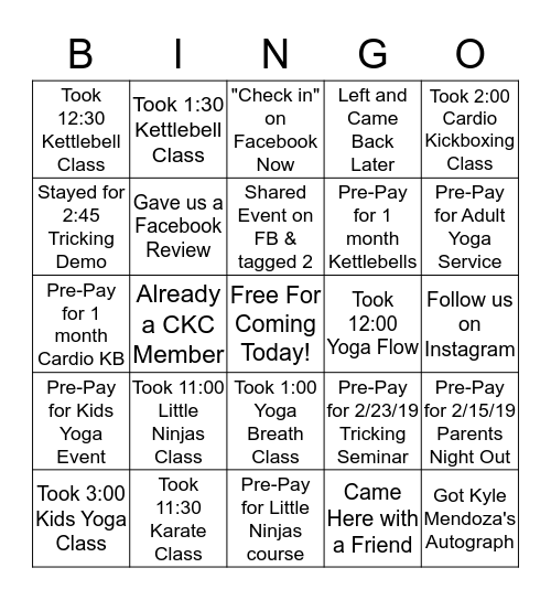 Community Karate Center Showcase BINGO Card