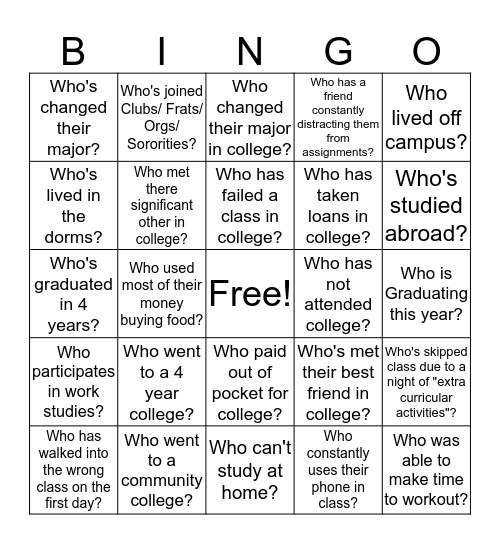 College Bingo Card