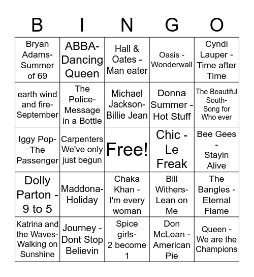 BF Music Bingo Card