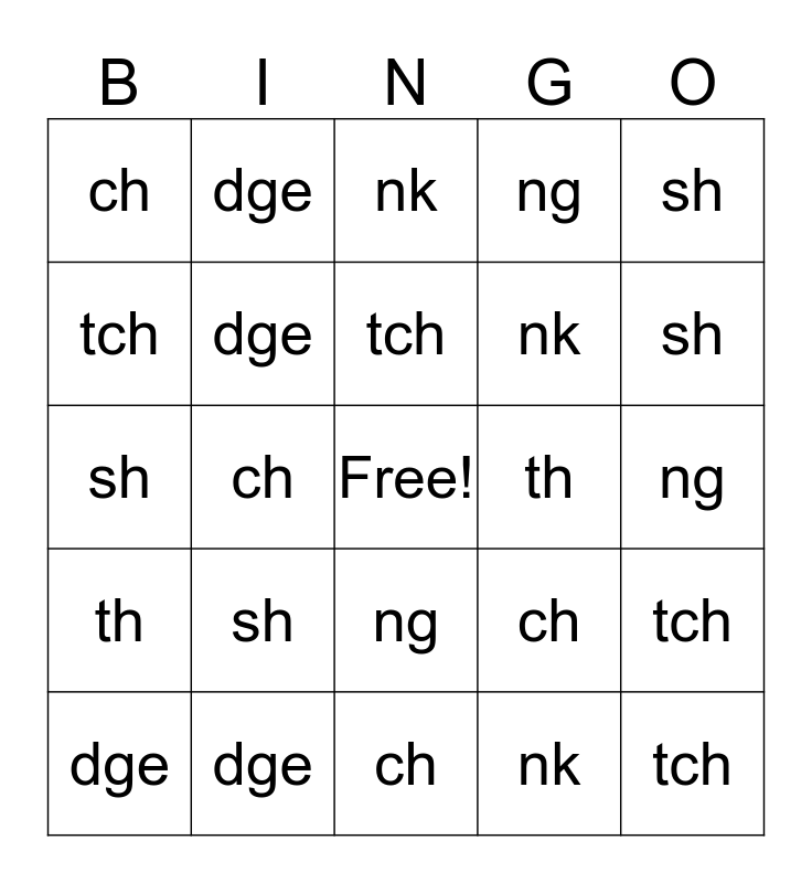 Digraph And Trigraph Bingo Card