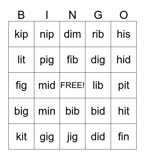 Short i BINGO Card