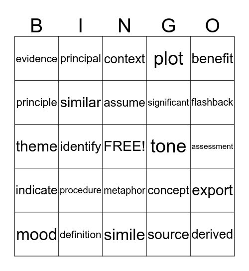 Academic Words Bingo Card