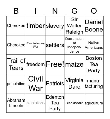 North Carolina BINGO Card