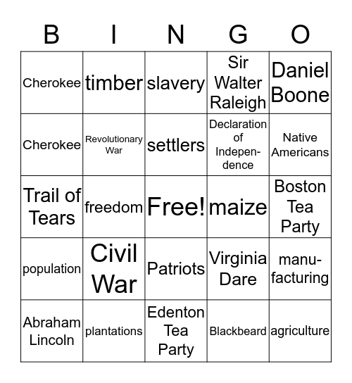 North Carolina BINGO Card