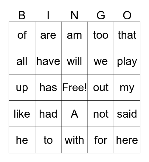 Sight Word Bingo Card