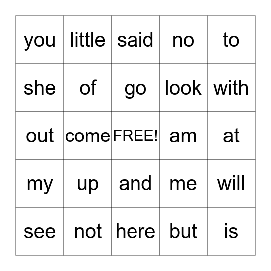 Sight Word Bingo Card