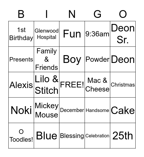 Deon's 1st Birthday!!! Bingo Card