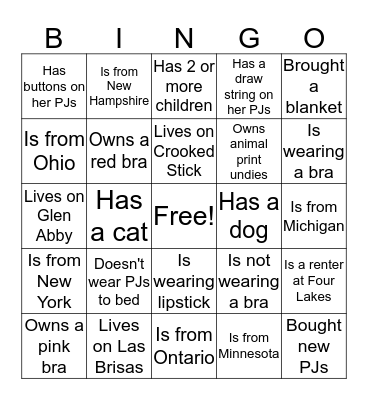 Girls Night In - January 2018 Bingo Card