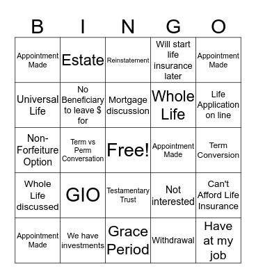 Life Insurance Sales - JUST ASK! Bingo Card