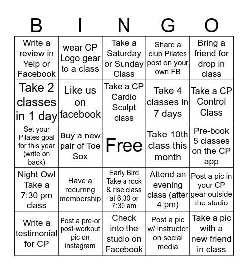 Pilates Bingo Card