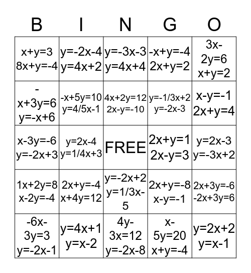 Solving Systems of Equations By Graphing Bingo Card