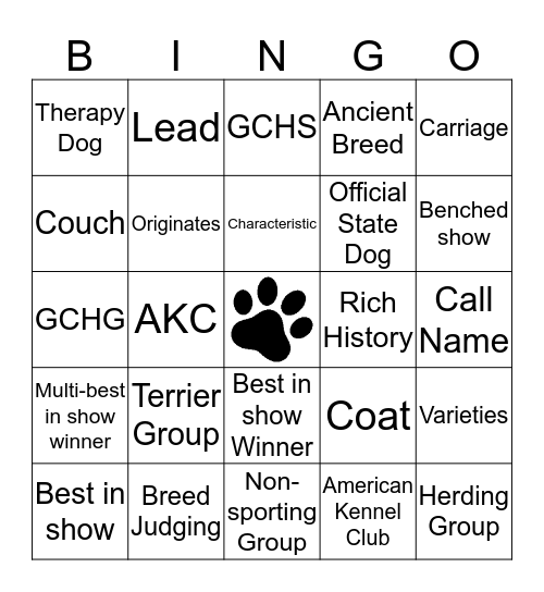 Westminster Dog Show Bingo Card