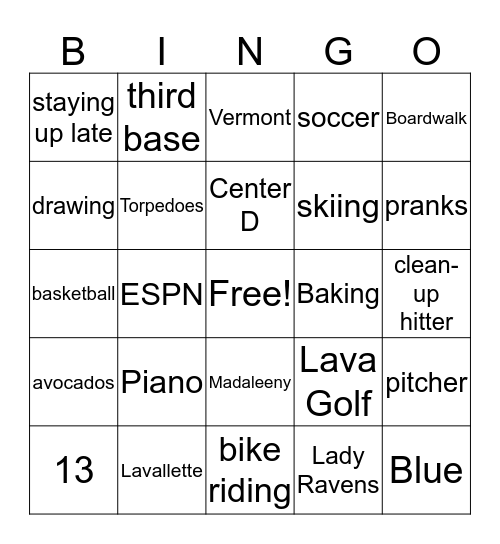 Maddie's Birthday Bingo Card