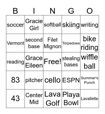 Grace's Birthday Bingo Card