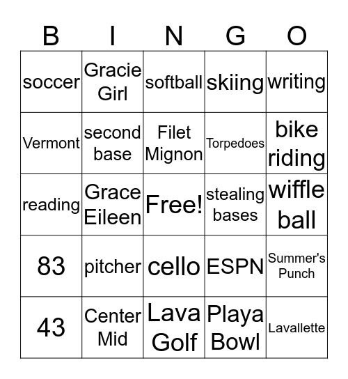 Grace's Birthday Bingo Card